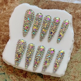 NAIL ANGEL 10PCS/SET Glamorous Handmade Press On Nails Full AB Rhinestones and Gems French Style Long Point Nails Party Nails XXL Artifical Tips ZJ21 (ZJ21, S)