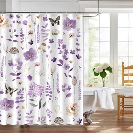SHUNLCD Watercolor Floral Leaf Shower Curtain, Flower Botanical Leaves Bathroom Decor, Modern Minimalist Waterproof Fabric Bath Curtain Set with 12 Hooks 72x72 Inches (Purple, 72x72 Inches)