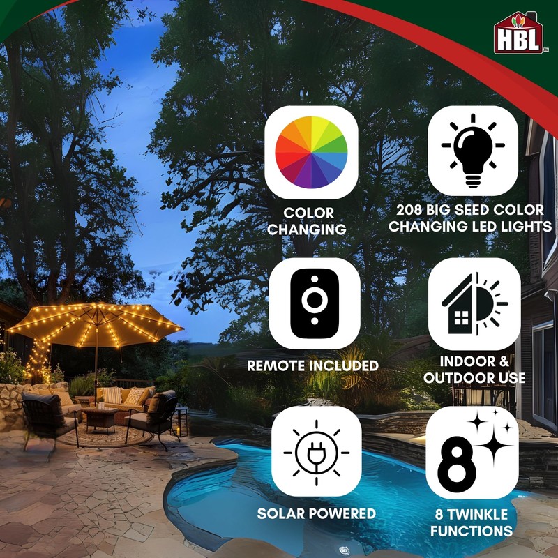 Holiday Bright Lights Solar Patio Umbrella Lights 208L Big Seed