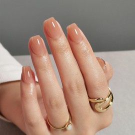 S.T. Friends Press On Nails Short - Glue on Nails Square, Soft Gel Fake Nails with Glue, Reusable Semi-Transparent Stick On Nails in 16 Sizes 32 Nails Kit