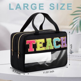 Pinkunn Large Clear Chenille Letter Bag Double Layer Makeup Patches Cosmetic Bag Zipper Pouch for Travel Waterproof Nylon Toiletry Makeup Supplies for Women Girls(Black,Teach)