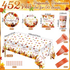 Potchen 452 Pcs Happy Friendsgiving Party Decorations for 50, Fall Friendsgiving Paper Plates Napkins Cups Tablecloth Cutlery Straws for Autumn Harvest, Give Thanks Friends Giving Party Supplies