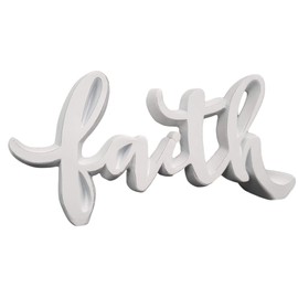 Birch & Bliss – Faith – Small Distressed White Tabletop Script Word Decor (6.75in x 3in) Modern Farmhouse Resin Standing Words | Mom Family Women Inspirational | Wedding - Spring Decor