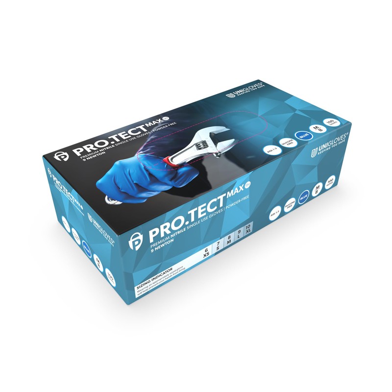 UNIGLOVES PRO.TECT Max 9N, Blue Nitrile Gloves, Box of 100,