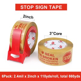Stop Sign Sealing Tape Pre-Printed IF Seal is Broken,Check Contents Before Accepting,Heavy Duty Packing Tape with Dispenser 2 Inch x 110 Yards,Packaging Tape for Moving and Shipping (Brown)