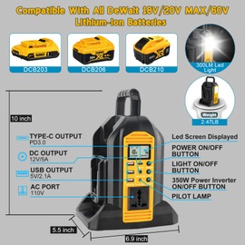 350W Power Inverter for Dewalt 18V 20V MAX 60V Li-ion Batteries,2-Port Supply Inverter Generators Converter DC 20V to AC110V ~120V with LED Light,3 USB-A,1 Type-C,1DC Port, for Outdoor Travel Camping