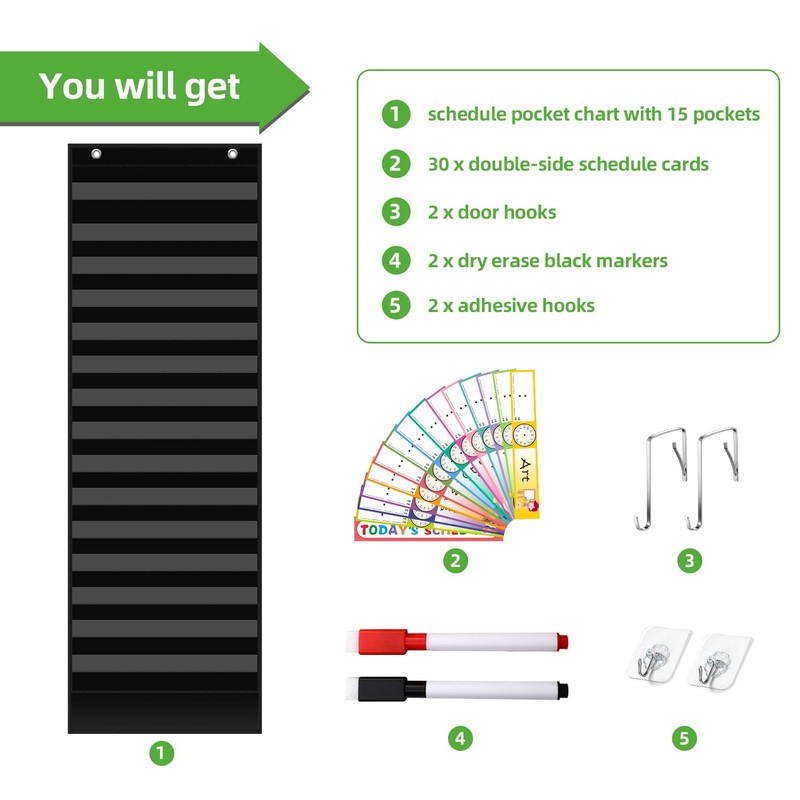 REGELETO 15+1 Pockets Daily Schedule Pocket Chart with 30 Pcs