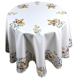 Table Cloth Table Cloth Round 130, 150, 170 cm Spring Summer White Printed with Yellow Butterflies and Colourful Flowers (170 cm)