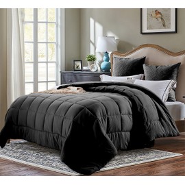 Evolive All Season Pre Washed Soft Microfiber White Goose Down Alternative Comforter with Box Stitching (Black, Full/Queen)