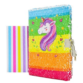 VIPbuy Kid Girls’ Unicorn Notebook Diary with Lock and Key Flip Sequin Journal w/Photo Corner, 8.5” x 5.5”, 156 Pages