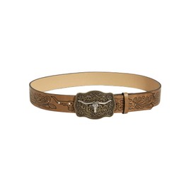 OYOANGLE Women's Vintage Western Cowgirl Leather Belts Floral Engraved Longhorn Bull Buckled Belt for Jeans, Brown, 4T