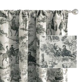 DriftAway 100% Blackout Toile Linen Curtains for Bedroom Double Layer Farmhouse French Country Vintage Printed Pattern Thermal Sound Lined Back Tab Living Room Drapes 96 inch Length 2 Panels Black