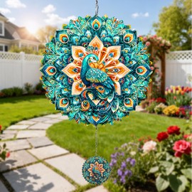 EOBROMD Wind Spinners Outdoor Peacock, 12 inch Laser Cut Metal Art Geometric Pattern Wind Spinners Hanging Kinetic for Yard, Garden, Patio, Outdoor - Craft Decor Birthday Gifts for Women, Men, Mom