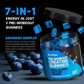 OFFPTE Pre Workout Gummies for Men & Women, PreWorkout with Creatine Monohydrate, Beta-Alanine,Taurine for Strength & Endurance, Energy Chews, Sugar-Free, Vegan, 120 Gummies, Blueberry Flavor