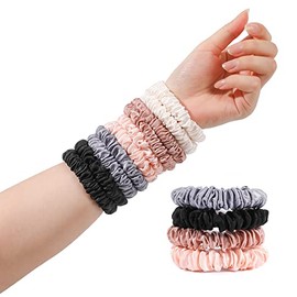 Hair Ties Silk Satin Scrunchies - Small Mini Thin Elestics Ponytail Holder Hair Bands Skinny Scrunchy For Thick Curl Hair No Crease Hair Ties Soft Accessories No Hurt Your Hair for Women and Girls (Basic color)