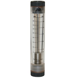 PRM 5-40 GPM Water Rotameter Flow Meter, 1 Inch Female NPT, Acrylic Body with PVC End Tails, Viton Seals, UV Resistant, ±4% Accuracy, Max Pressure 85 PSI, Max Temp 125°F