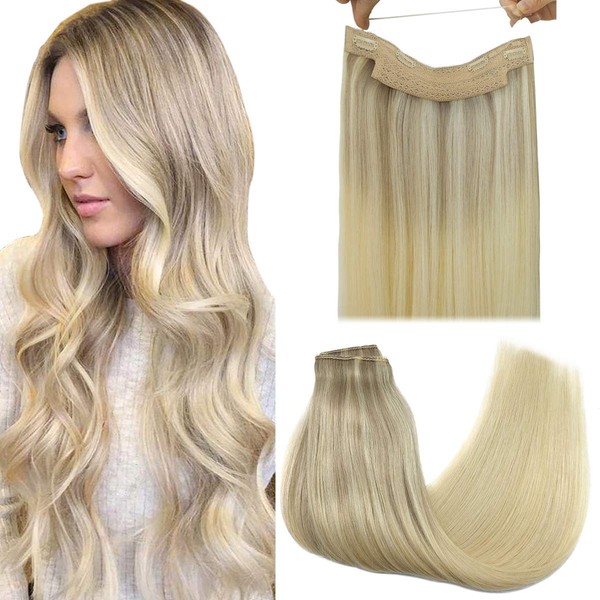 GOO GOO Halo Hair Extensions Human Hair Ombre Ash Blonde to Golden Blonde Mixed Platinum Blonde 100g Flip Extensions Hidden Crown Wire Hair Extensions Natural Secret Invisible Hairpiece 20 Inch
