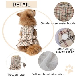 NACOCO Dog Plaid Dress with Leash Bow Tie Harness Cute Grid Pattern Summer Skirt Outfit for Small Dogs(Khaki,2XL)
