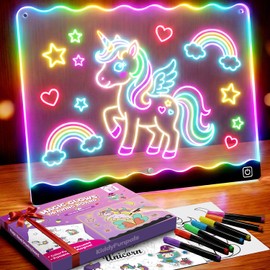 LED Drawing Board for Girls, USB-C 10" 7 Colors DIY Doodle Glow Tablet, 7 Pens, 10 Tracing Sheets - Unicorn Girls Toys Age 3+ Gift, Birthday Gifts for Girl 4 5 6 7 8 9 Year Old, Light Up Pad Art Kit