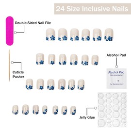 French Tip Press on Nails Short Square SWEKKE Ombre Fake Nails False Nails with Blue Flower Designs Blue&White Glossy Glue on Nails Acrylic Nails Stick on Nails for Women Girls 24Pcs