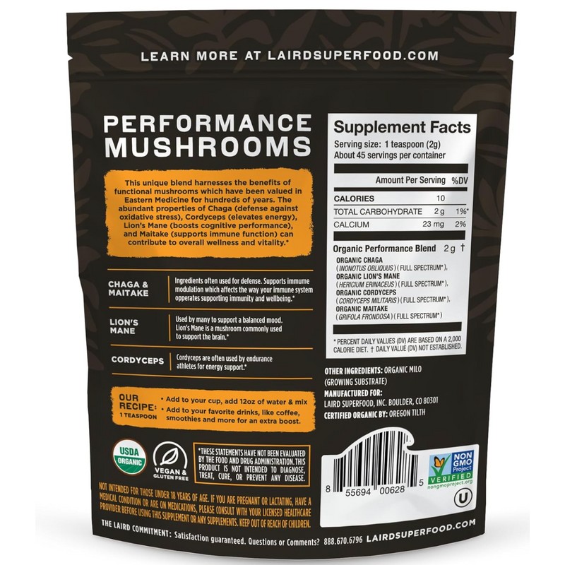 Laird Superfood Performance Mushroom Blend 3.17oz Energy Cognition Best By