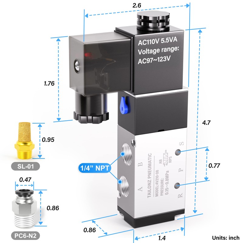 TAILONZ PNEUMATIC 1/4"NPT Solenoid Valve 4V210-08 AC110V Single Coil Pilot-Operated