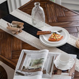 Weldomcor Macrame Table Runner, Boho Cotton Flax Table Runner with Tassels, Rectangular Crochet Lace Mesh Tablecloth for Kitchen, Vintage, Farmhouse, Bohemian Wedding, Tabletop Decor