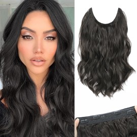 Morichy Invisible Wire Hair Extensions 14inch Short Wavy Synthetic Hair Extensions Clip in with Transparent Wire Adjustable Size Upgrade 4 Secure Clips Natural Brown Hairpieces for Women (Dark Brown)