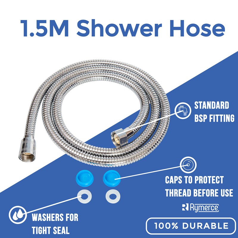 1.5m Shower Hose with Washers Chrome Replacement Anti-Kink Pipe