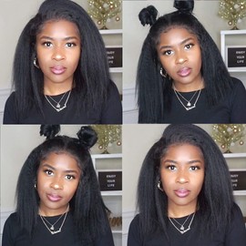 Alidiamond 22 Inch Kinky Straight 13X4 Lace Frontal Human Hair Wigs, 150 Density Coarse Yaki Brazilian Short Lace Wig Human Hair Wigs Yaki Lace Wig.