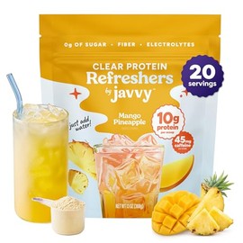 Javvy Clear Protein Refresher Drink Mix – 10g of Whey Protein and Collagen Peptides, Electrolytes Powder, Natural Flavors, 0g of Sugar, 45mg Caffeine, 20 Servings, Pineapple Mango