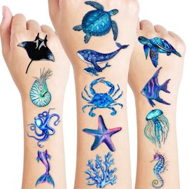 MeoIsDaBest-96 piezas de tatuajes temporales con temática del océano, decoraciones para fiestas de cumpleaños, suministros de decoración bajo el mar, pegatinas de tatuajes troqueladas azules, regalos