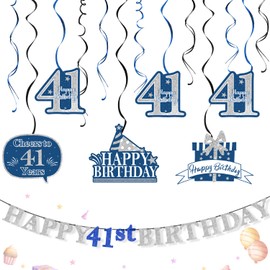 AERZETIX Happy 41st Birthday Blue Decorations Set,12Pcs 41st Birthday Blue Glitter Swirls Streamers,Happy 41st Birthday Bunting Banner,Cheers to 41 Years Old Bday Party Decorations.[Pre-Strung]