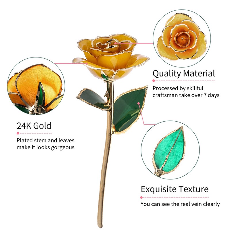 24K Gold Plated Real Rose Yellow Rose with Base Valentine's