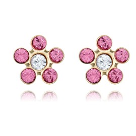 AVORA 10K Yellow Gold Flower Pink Simulated Diamond CZ Screw Back Stud Earrings