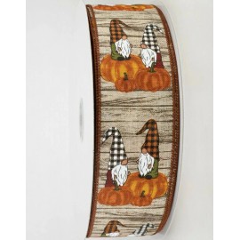 2.5" wired ribbon fall gnomes pumpkins brown birch bark print canvas 5 yds