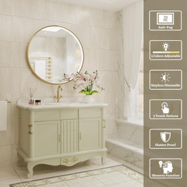 28 Inch Round LED Bathroom Mirror, Gold Metal Framed Lighted Mirror for Bathroom, Wall Mouted LED Vanity Mirror with Lights, 3 Colors and Stepless Dimmable, Anti-Fog, Memory