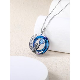 TOUPOP Cat Necklace with March Birthstone Aquamarine Jewelry for Women 925 Sterling Silver Moon Cat Pendant Necklace with Blue Crystal Chritmas Anniversary Birthday Gifts for Her