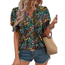 CRAZY GRID Womens Business Casual Blouse V neck Summer Dressy Work Tops Puff Short Sleeve Dress Shirts Pleated Trendy Office Tunic Tshirt Printed Floral Lilac Garden M