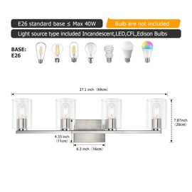 DRNANLIT 4-Light Bathroom Vanity Light Fixture, Brushed Nickel with Clear Glass Shade, Over Mirror for Kitchen, Living Room, Bedroom