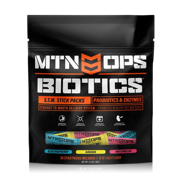 MTN OPS Biotics Daily Probiotic & Enzymes Supplement - 30 Servings, STM Quick Sticks (1005-STM)