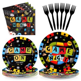 Grencian 96 Pcs Game Night Video Party Supplies Black Family Gamer Partei Plates and Napkins Disposable Colour Family Gaming Paper Tableware Sets for Teens Parties Kids Games On Party Favors Serves 24