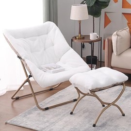 Tiita Saucer Chair with Ottoman, Soft Faux Fur Oversized Folding Accent Chair,Lounge Lazy Chair, Metal Frame Moon Chair for Bedroom, Living Room, Dorm Rooms, Garden and Courtyard