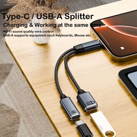 Mizi [2025 Upgraded USB-C to USB-A & USB-C PD Splitter Adapter – 2-in-1 Type-C OTG Cable with 100W Fast Charging & Peripheral Support – Compatible with Laptop, Tablet, Smartphone - Grey