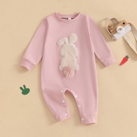 Easter Baby Boy Girl Outfit Embroidery Bunny Rompers Bunny Tail Jumpsuit Unisex Newborn Infant Easter Clothes (Pink, 12-18 Months)