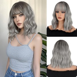 Grey Wigs With Bangs Women's ombre grey Bob Wig Synthetic Cosplay Wig for Girl Costume Wigs (12" Dark Root ombre grey)