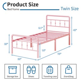 DiaOutro Classic Metal Platform Pink Twin Bed Frames with Headboard and Footboard, 16 Inch No Box Spring Needed Heavy Duty Victorian Style Iron-Art Mattress Foundation/Under Bed Storage