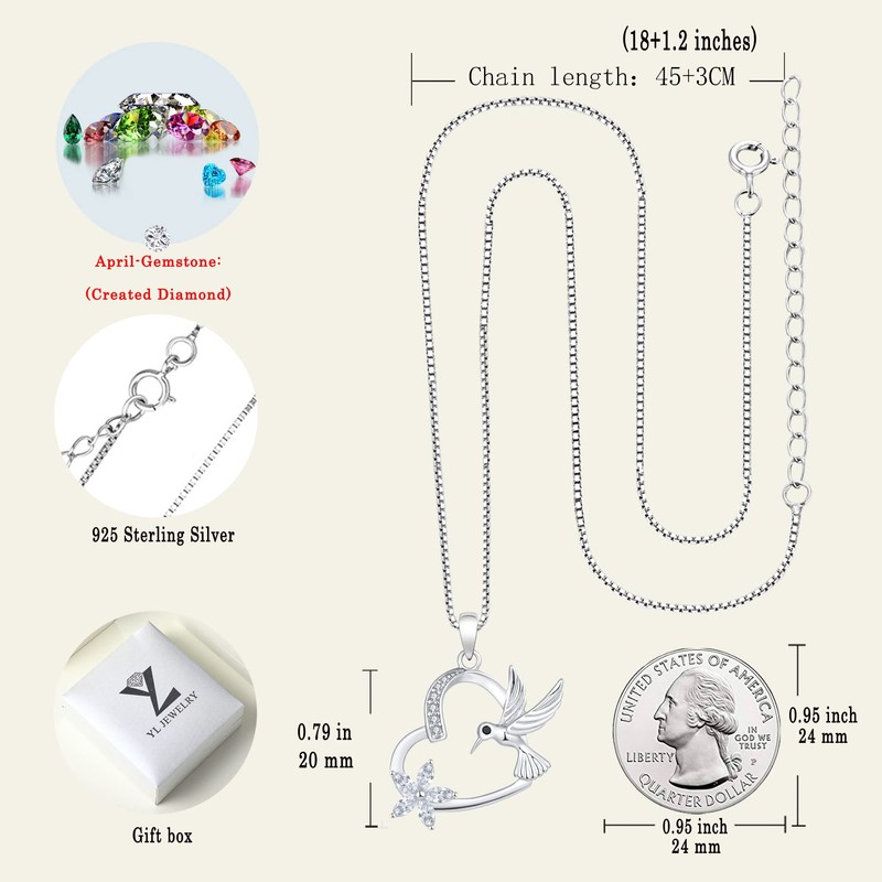 YL Hummingbird Nckelace 925 Sterling Silver Heart Pendant Cubic Zirconia