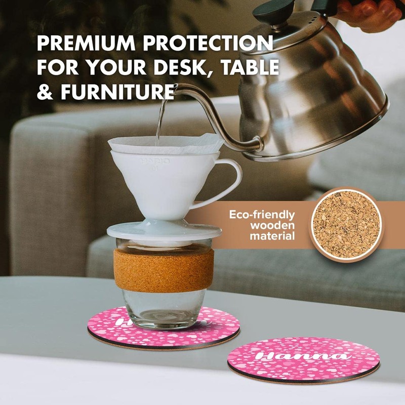 1 x Round Coaster - Name Hanna Pink Hearts Love