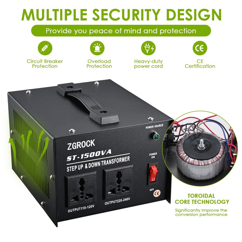 ZGROCK 1500W Voltage Converter Transformer Heavy Duty Step Up/Down- 110